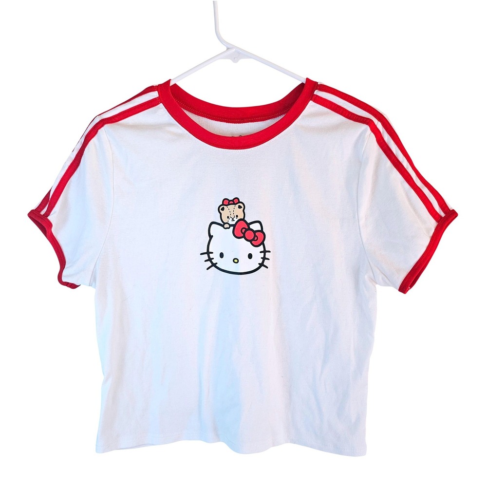 Sanrio Hello Kitty Tiny Chum Ringer Tee White Red Stripe Graphic XL Hybrid Crop